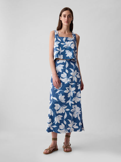 Mavi Keten Karışımlı Crop Bluz