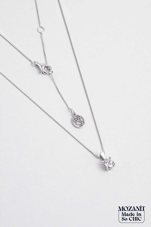 Mozanit Dokunuşu 18 Ayar Beyaz Altın Kaplama 45 Cm Gümüş Tektaş Kolye 5205510199