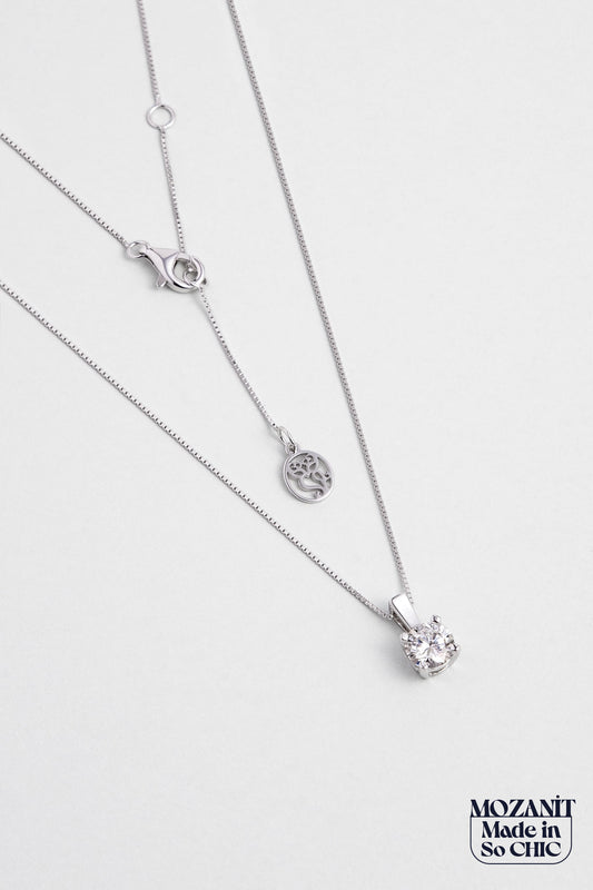 Elegant Mozanit 18 Ayar Beyaz Altın Kaplama 45 Cm Gümüş Tektaş Kolye 5205520199