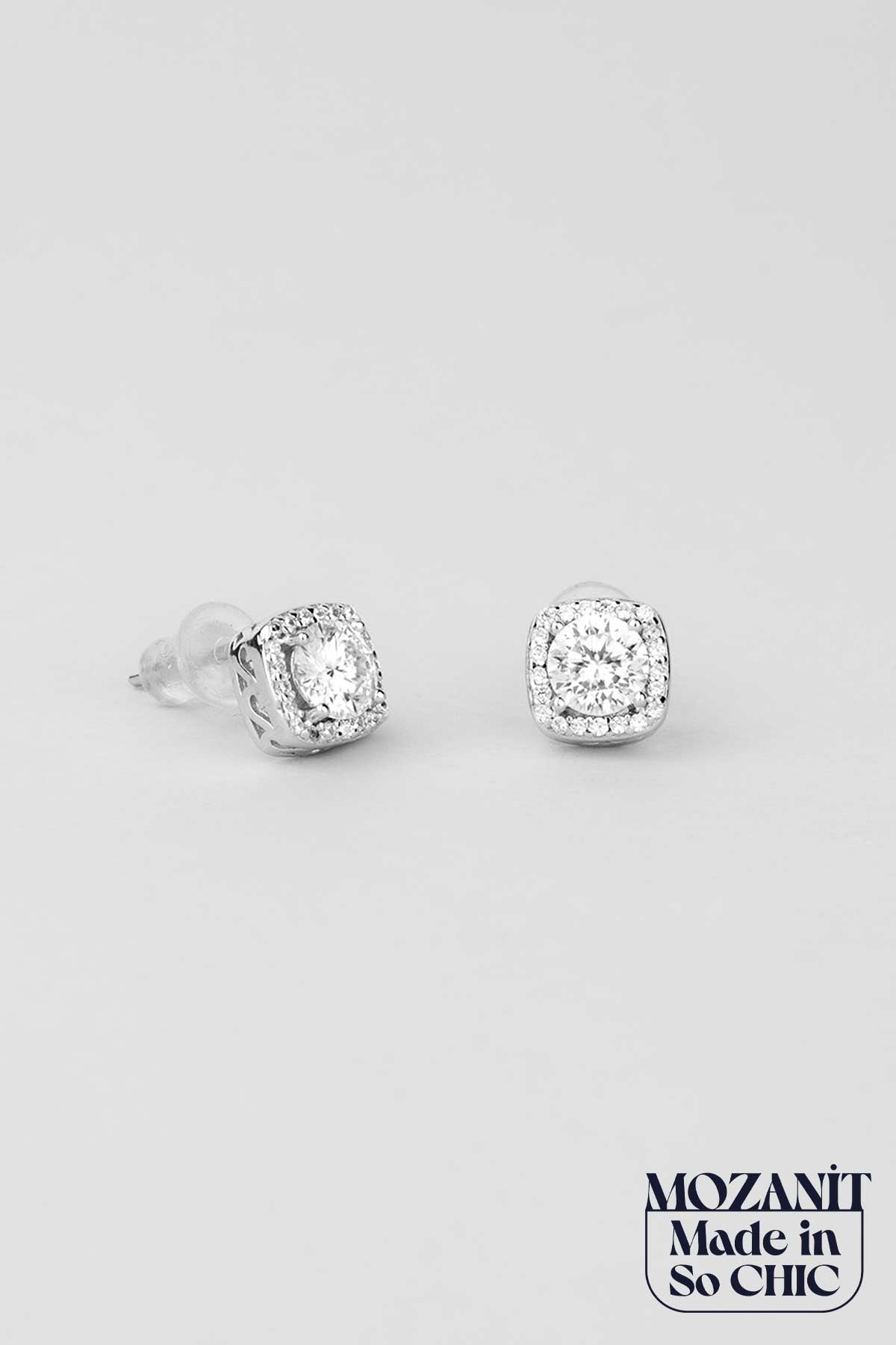 Mozanit Evreni 18 Ayar Beyaz Altın Kaplama Gümüş Küpe 5205930199