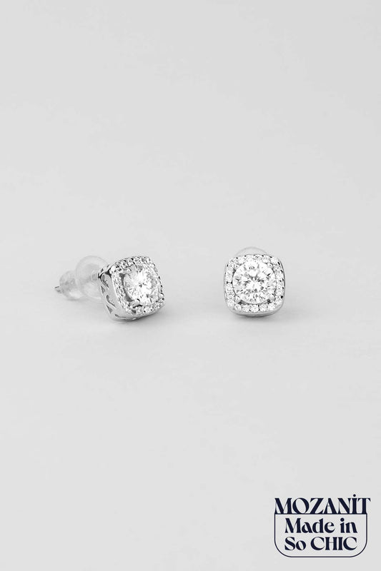 Mozanit Evreni 18 Ayar Beyaz Altın Kaplama Gümüş Küpe 5205930199