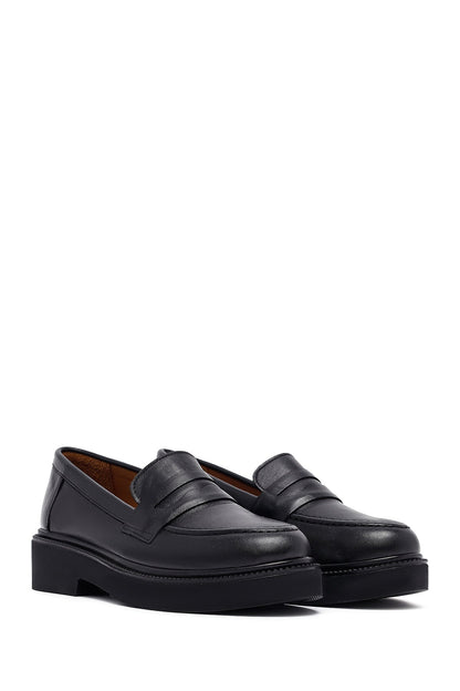 Kadın Siyah Deri Maskülen Loafer