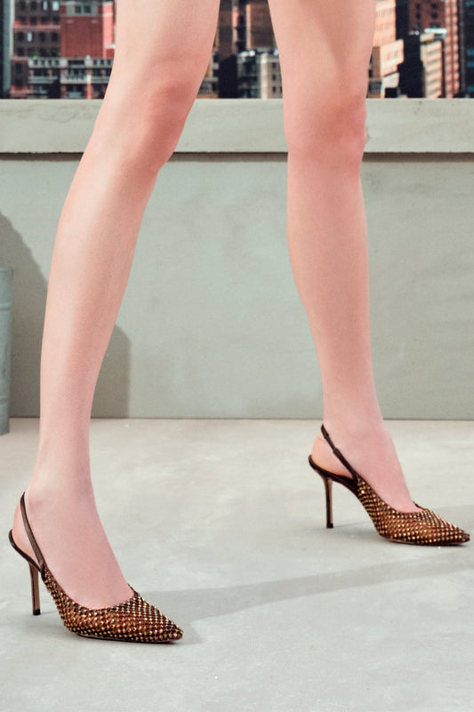 Kadın Bronz Taşlı Arkası Açık Ince Topuklu Deri Ayakkabı