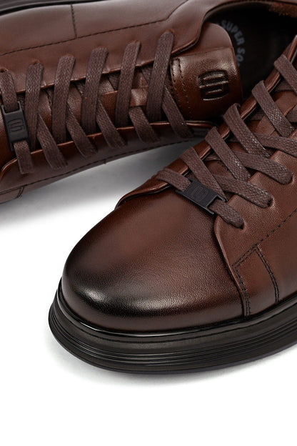 Erkek Kahverengi Bağcıklı Deri Casual Sneaker
