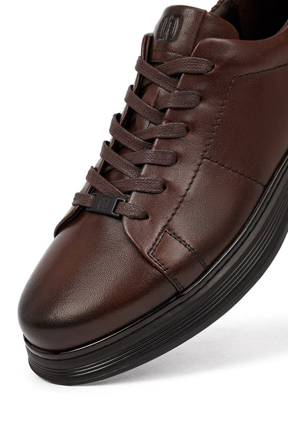 Erkek Kahverengi Bağcıklı Deri Casual Sneaker
