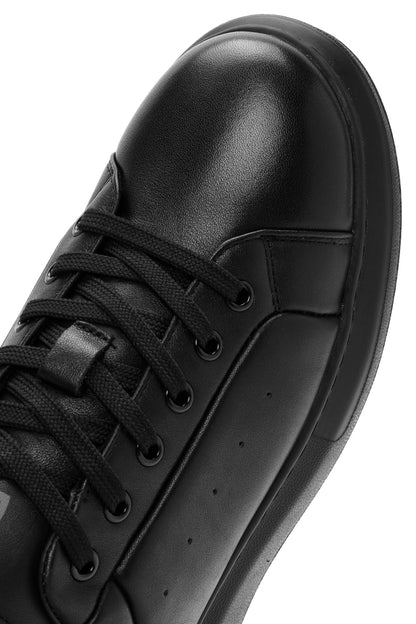 Erkek Siyah Bağcıklı Kalın Tabanlı Deri Sneaker