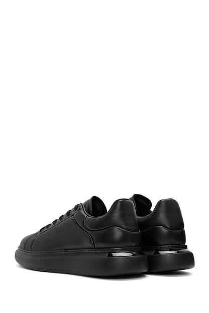 Erkek Siyah Bağcıklı Kalın Tabanlı Deri Sneaker
