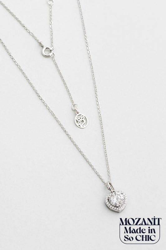 Mozanit Kalbi 18 Ayar Beyaz Altın Kaplama 46 Cm Gümüş Kolye 5212230199