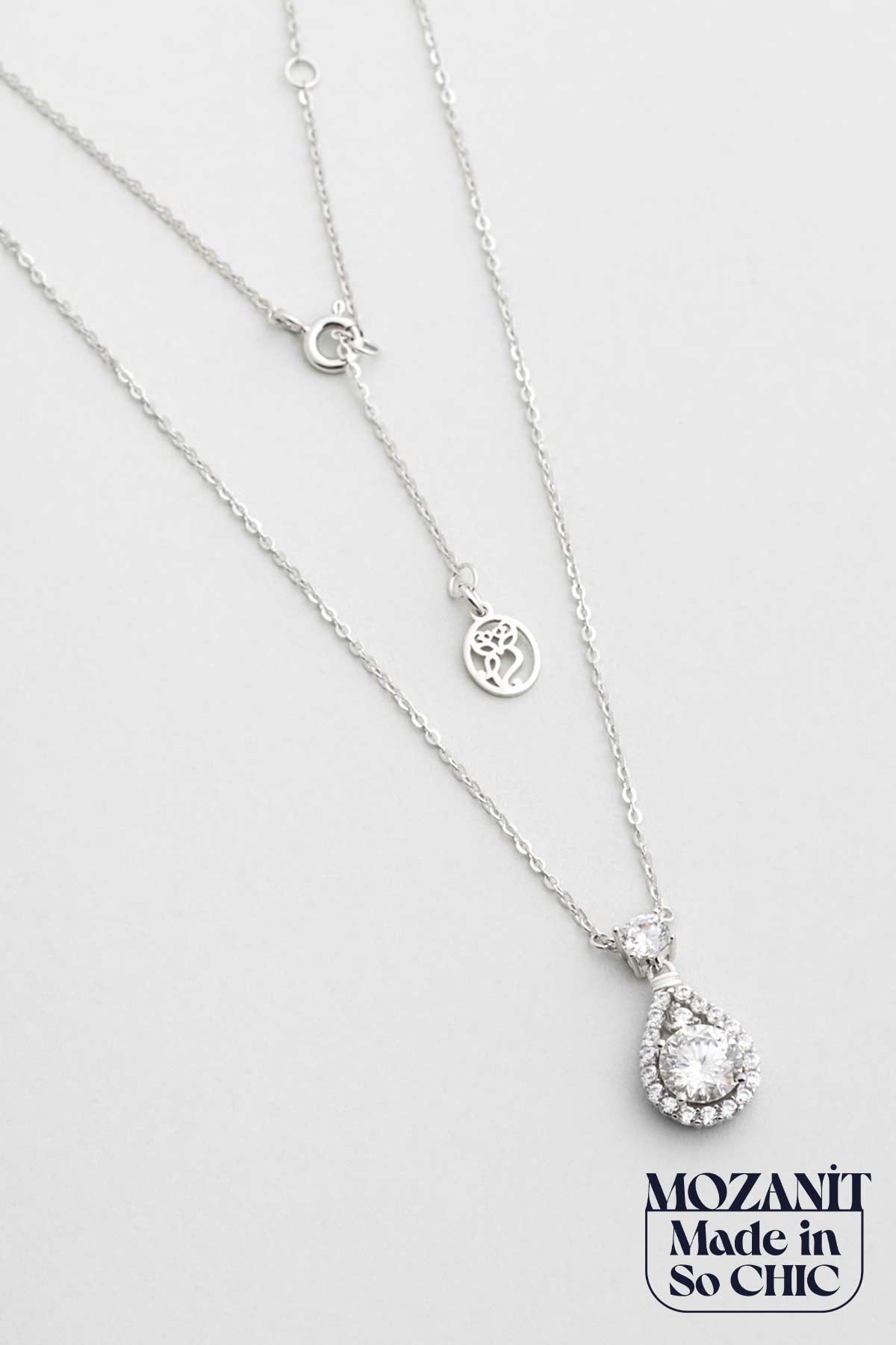 Mozanit Damlası 18 Ayar Beyaz Altın Kaplama 46 Cm Gümüş Kolye 5212240199