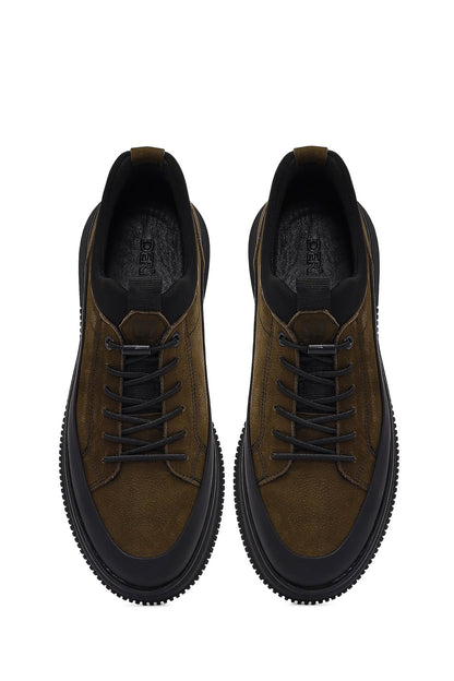 Erkek Haki Bağcıklı Nubuk Deri Sneaker