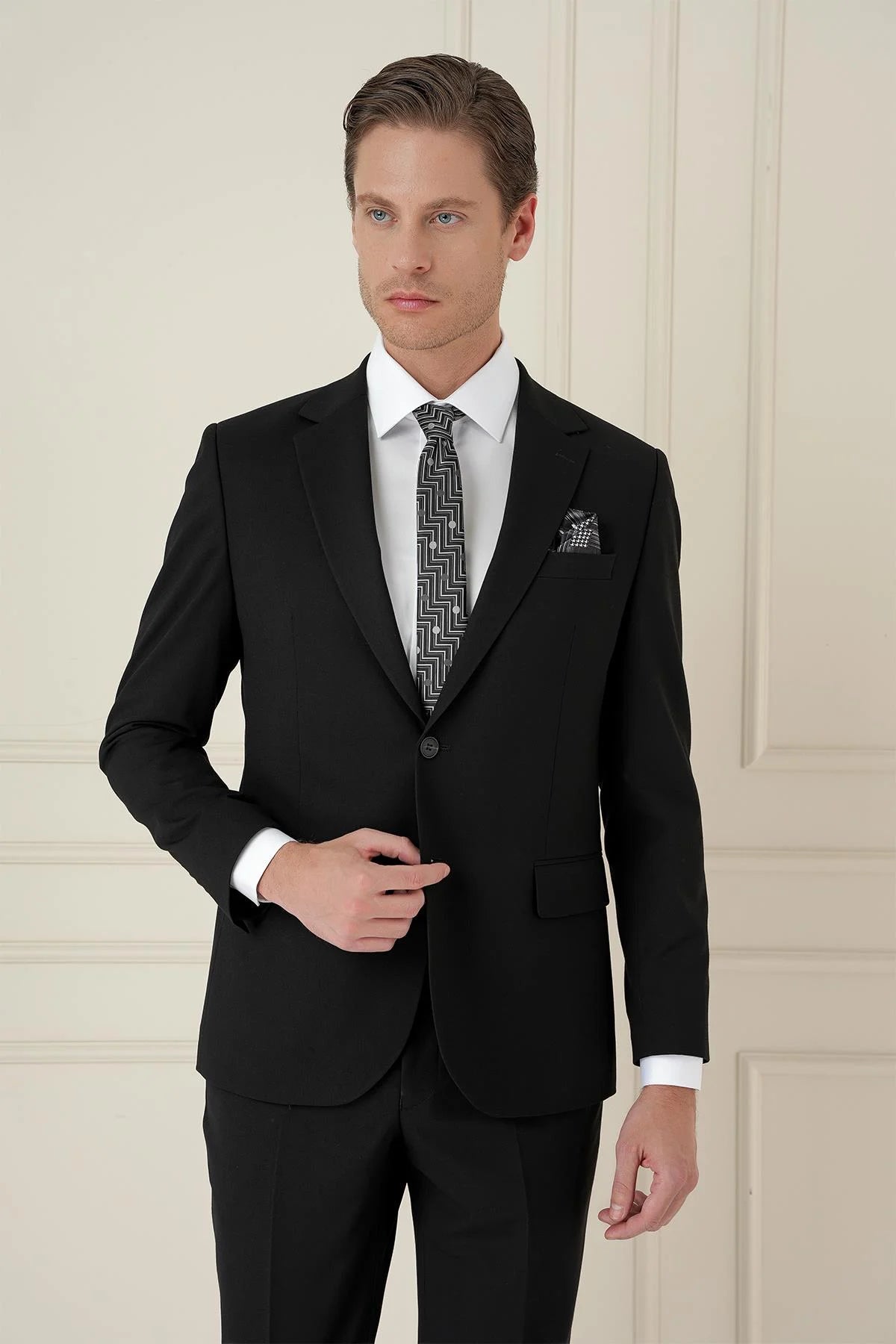 Tk 2021 Slim Fit Klasik Mono Yaka Klasik Siyah Takım Elbise