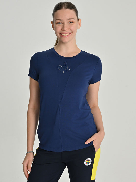 Fenerbahçe Lacivert Trend Taşlı Palamutlu Kadın Tshirt