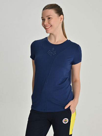 Fenerbahçe Lacivert Trend Taşlı Palamutlu Kadın Tshirt