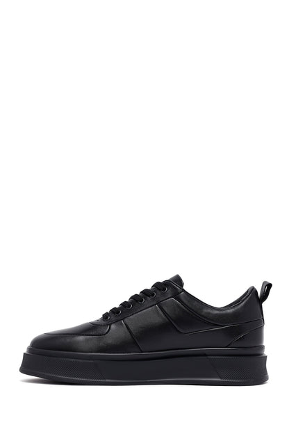 Erkek Siyah Bağcıklı Kalın Tabanlı Deri Sneaker
