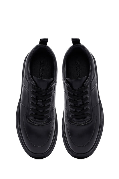Erkek Siyah Bağcıklı Kalın Tabanlı Deri Sneaker