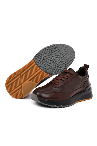 Erkek Kahverengi Bağcıklı Kalın Tabanlı Deri Sneaker