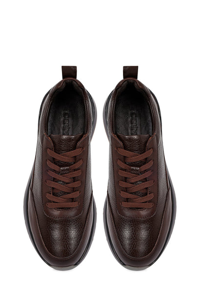 Erkek Kahverengi Bağcıklı Kalın Tabanlı Deri Sneaker
