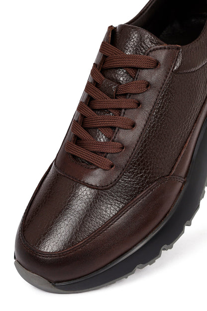Erkek Kahverengi Bağcıklı Kalın Tabanlı Deri Sneaker