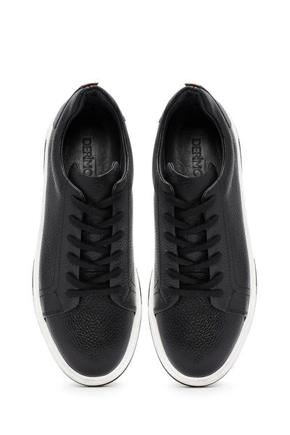 Erkek Siyah Bağcıklı Kalın Tabanlı Deri Sneaker