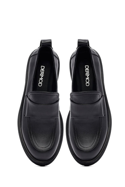 Kadın Siyah Deri Maskülen Loafer