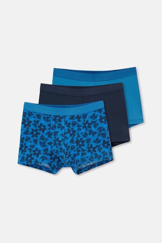 Mavi-siyah 5210 3'lü Desenli Pamuk Boxer
