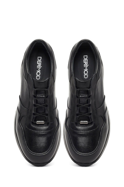 Erkek Siyah Bağcıklı Deri Sneaker