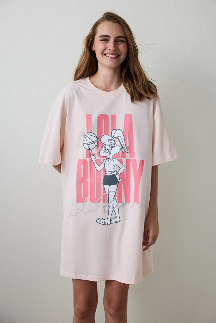 Açık Pembe Looney Tunes Lola Bunny Pamuklu Kısa Kollu Termal Etkili Gecelik