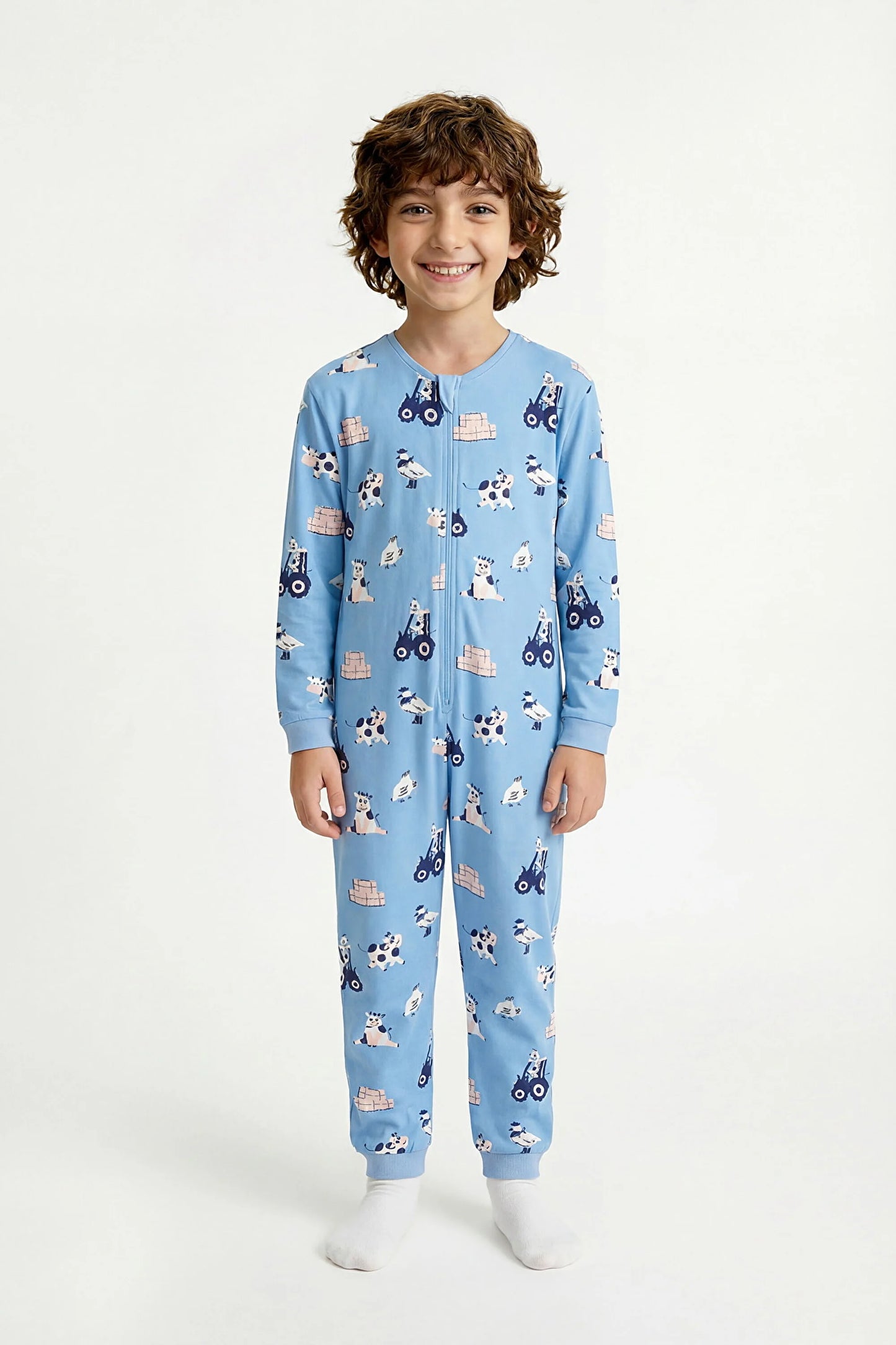 Mavi Erkek Çocuk Farm Inek Desenli Fermuarlı Pijama Tulum