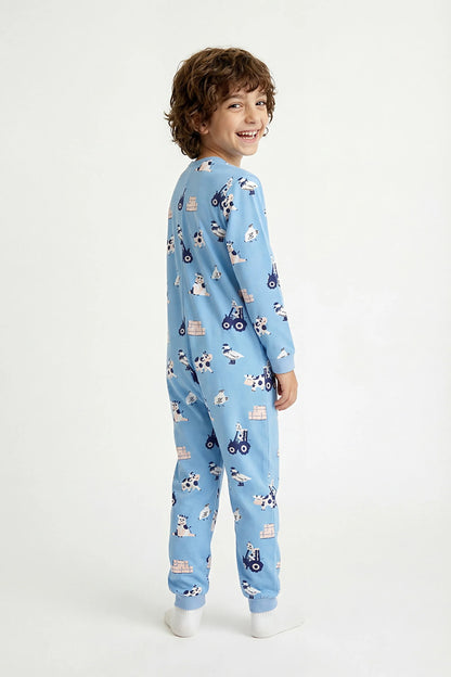 Mavi Erkek Çocuk Farm Inek Desenli Fermuarlı Pijama Tulum