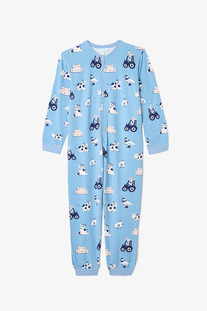 Mavi Erkek Çocuk Farm Inek Desenli Fermuarlı Pijama Tulum