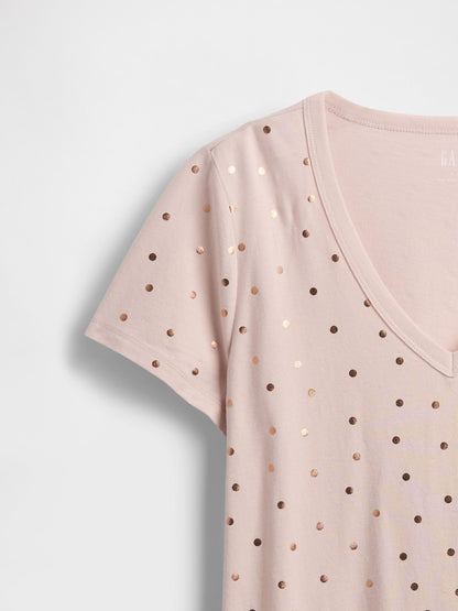 Açık Pembe V Yaka Grafik T-shirt