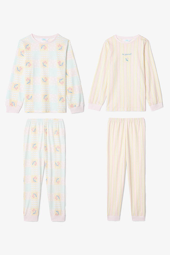 Optik Beyaz Kız Çocuk Çıtır Çiçek Desenli Uzun Kollu Pamuklu 2'li Pijama Takımı