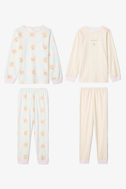 Optik Beyaz Kız Çocuk Çıtır Çiçek Desenli Uzun Kollu Pamuklu 2'li Pijama Takımı