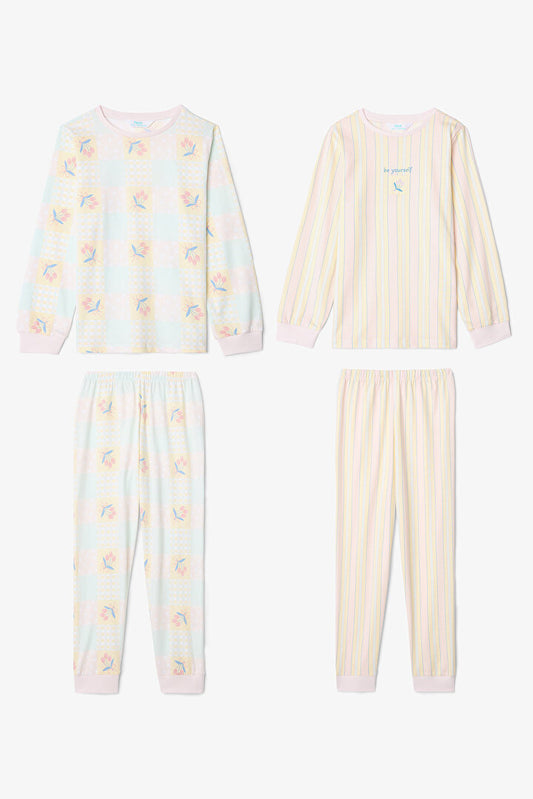 Optik Beyaz Kız Çocuk Çıtır Çiçek Desenli Uzun Kollu Pamuklu 2'li Pijama Takımı