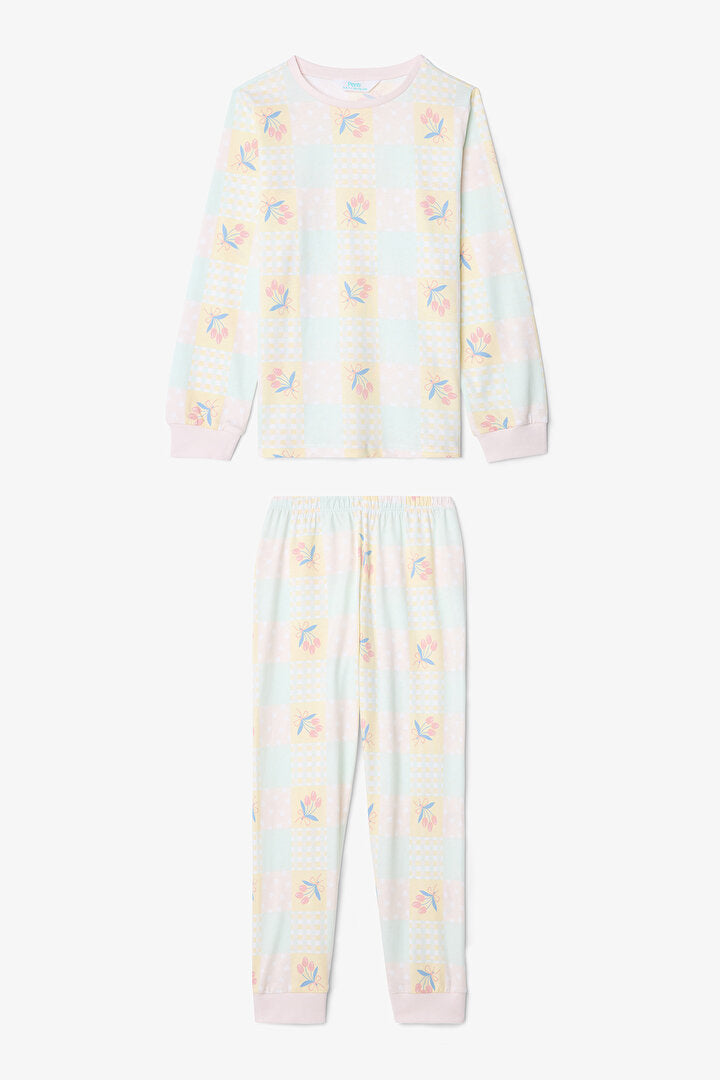 Optik Beyaz Kız Çocuk Çıtır Çiçek Desenli Uzun Kollu Pamuklu 2'li Pijama Takımı