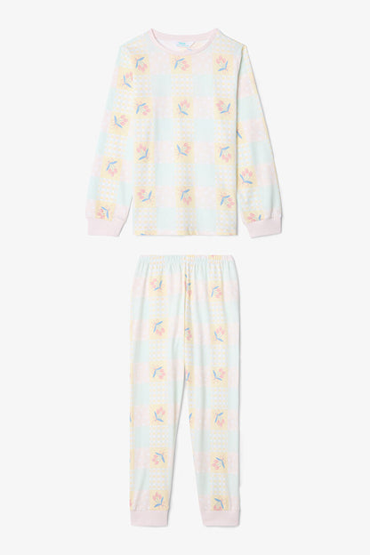 Optik Beyaz Kız Çocuk Çıtır Çiçek Desenli Uzun Kollu Pamuklu 2'li Pijama Takımı