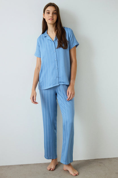 Mavi Luna Saten Gömlek Yaka Kısa Kollu Pijama Takımı
