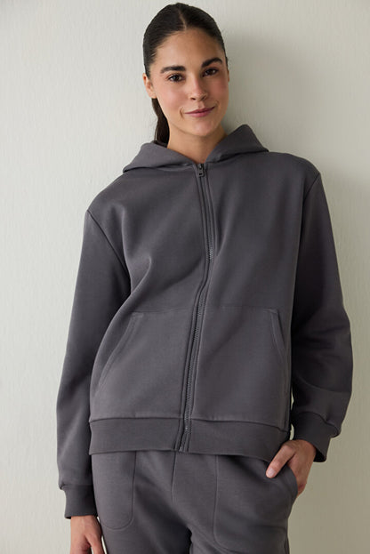 Gri Fermuarlı Kapüşonlu Spor Sweatshirt