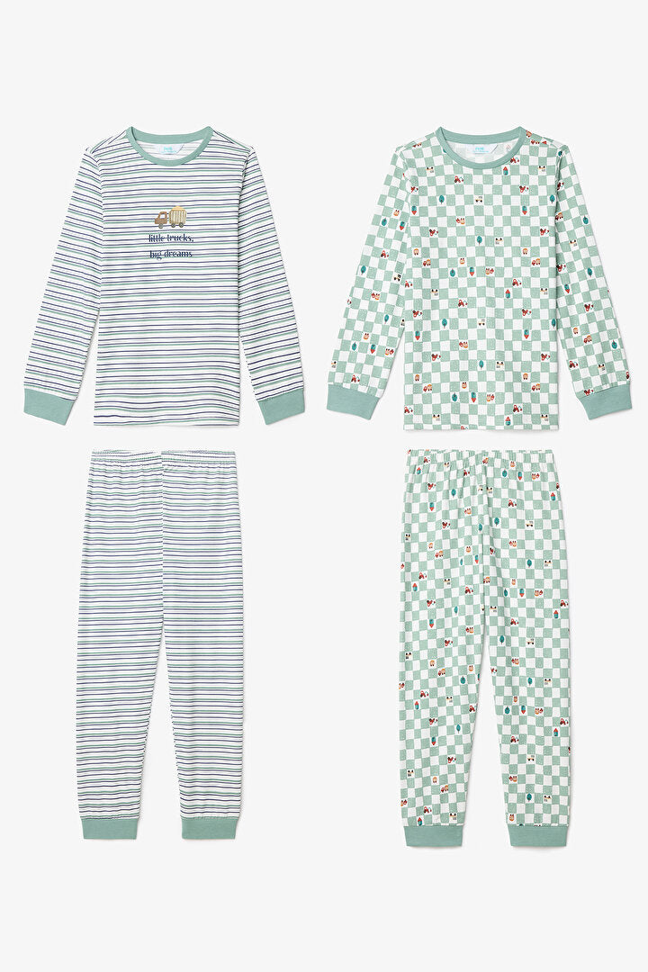 Kırık Beyaz Erkek Çocuk Little Truck Çizgili Pamuklu Uzun Kollu 2'li Pijama Takımı