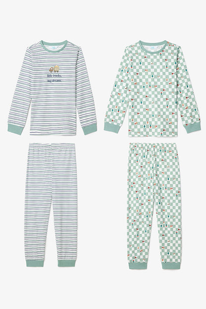 Kırık Beyaz Erkek Çocuk Little Truck Çizgili Pamuklu Uzun Kollu 2'li Pijama Takımı