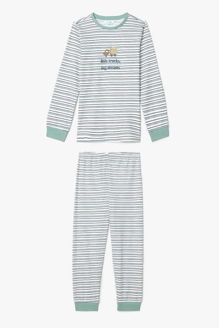 Kırık Beyaz Erkek Çocuk Little Truck Çizgili Pamuklu Uzun Kollu 2'li Pijama Takımı