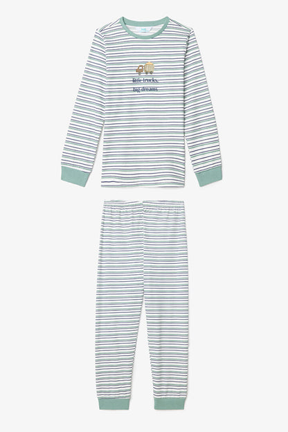 Kırık Beyaz Erkek Çocuk Little Truck Çizgili Pamuklu Uzun Kollu 2'li Pijama Takımı