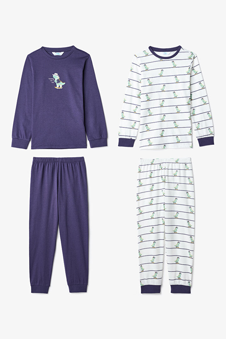 Erkek Çocuk Dino Farm Çizgili Pamuklu Uzun Kollu 2'li Pijama Takımı