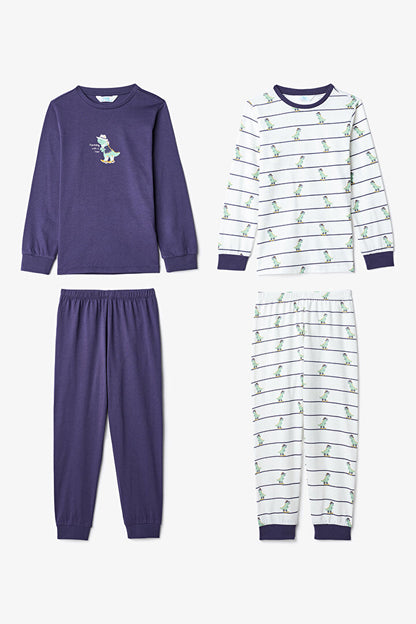 Erkek Çocuk Dino Farm Çizgili Pamuklu Uzun Kollu 2'li Pijama Takımı