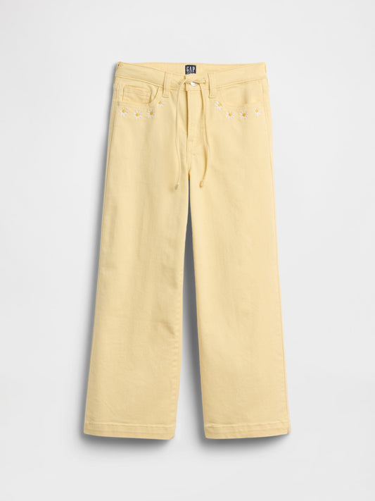 Sarı High Rise Işlemeli Drawstring Wide-leg Jean Pantolon