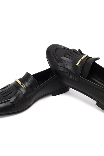 Kadın Siyah Tokalı Deri Loafer