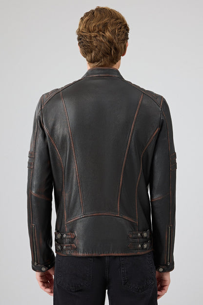 Leonard Erkek Kahverengi Vintage Slim-fit Deri Ceket