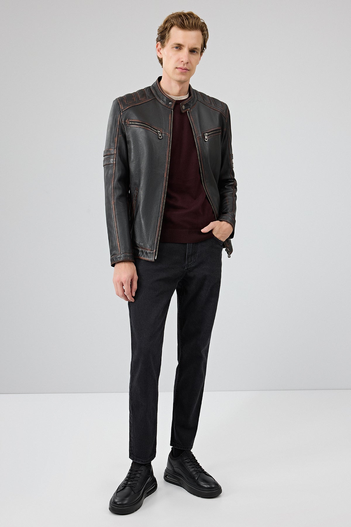 Leonard Erkek Kahverengi Vintage Slim-fit Deri Ceket