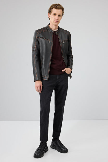 Leonard Erkek Kahverengi Vintage Slim-fit Deri Ceket