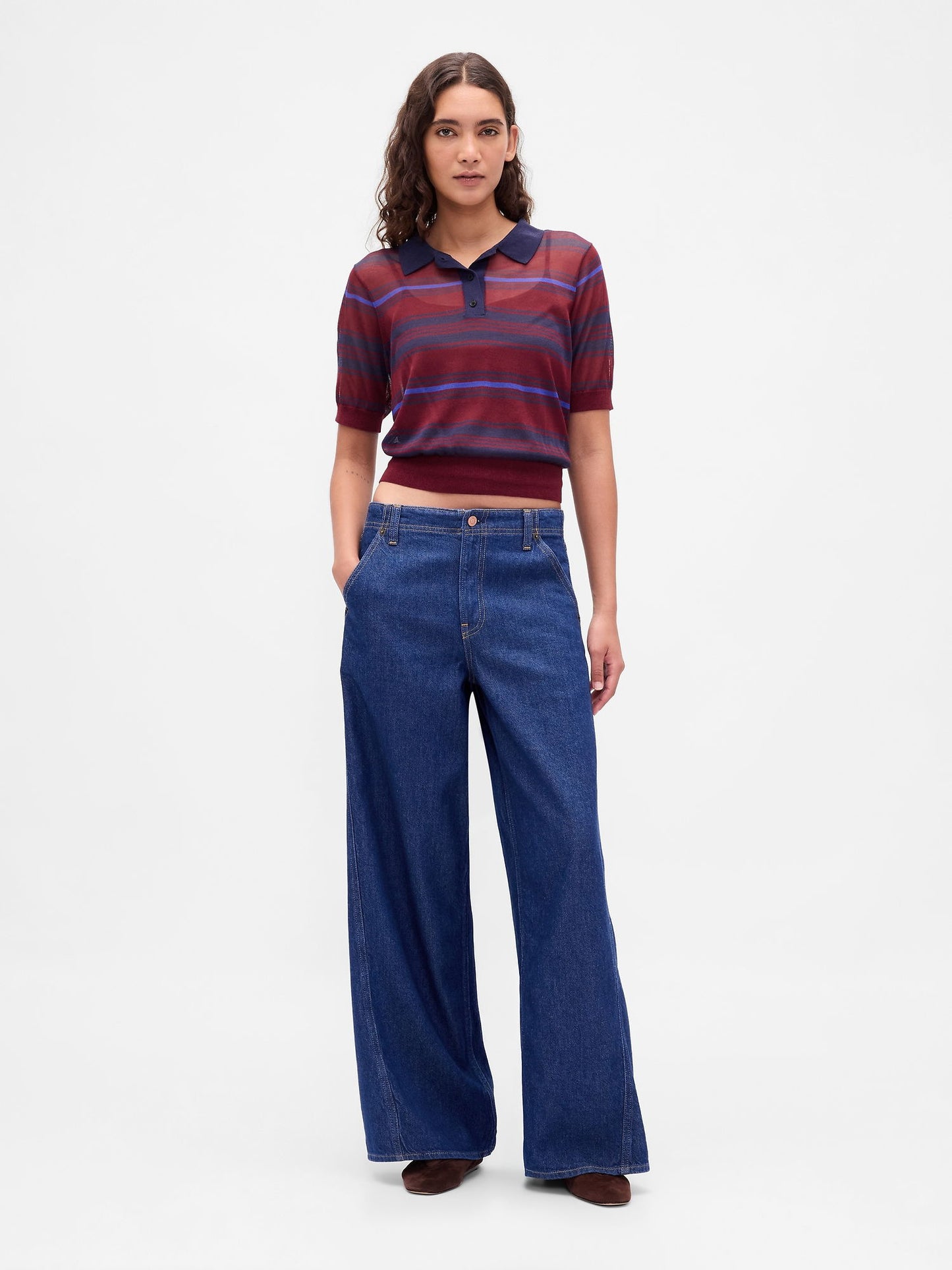 Kırmızı Transparan Crop Polo Kazak